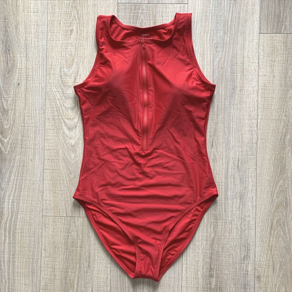 Quince Italian Zip Front One-Piece Swimsuit Cherry Red Swim Bathing Suit Medium